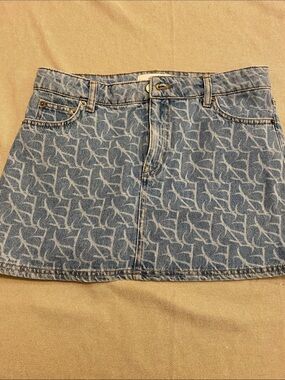 B&SH Denim Mini Skirt with Allover Monogram Print - Blue